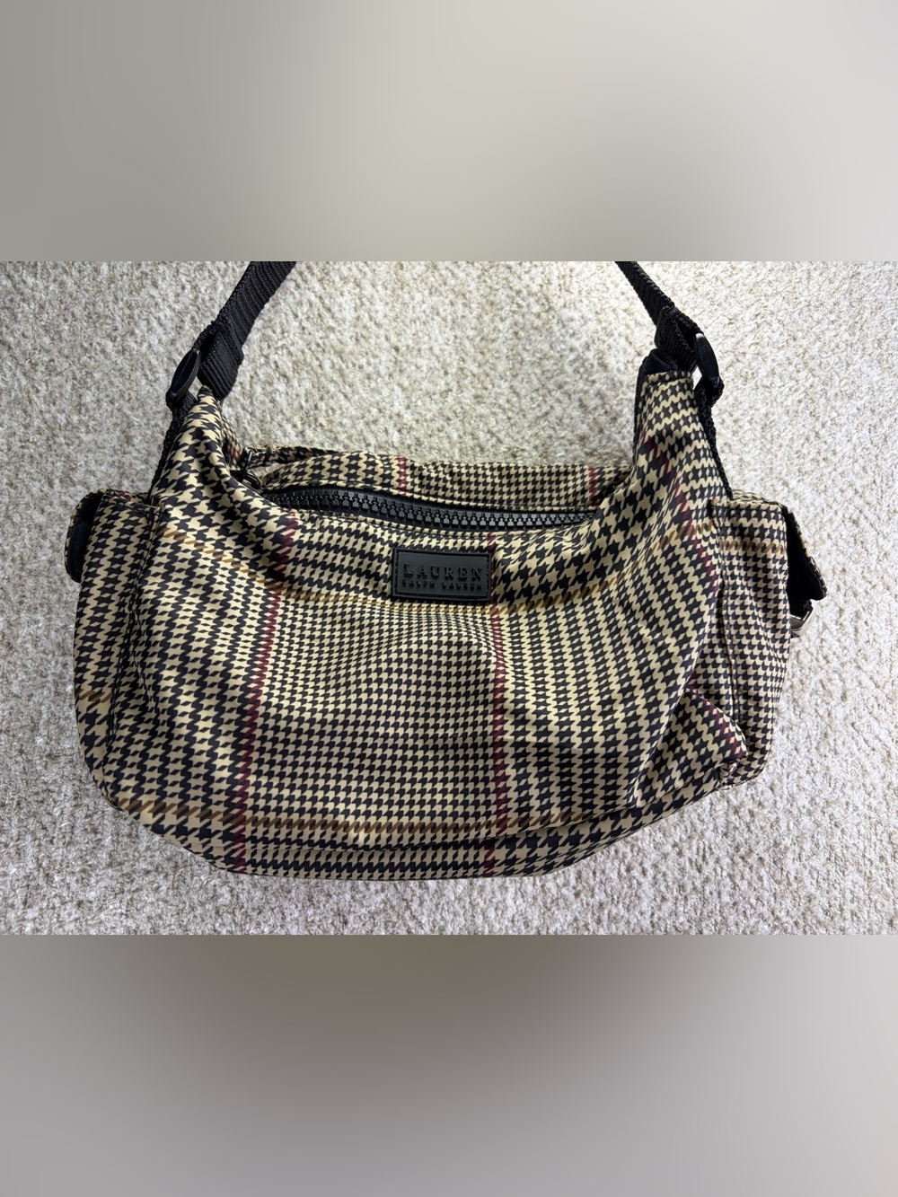Vintage Y2K Lauren Ralph Lauren Black, Beige & Red Houndstooth Messenger Bag